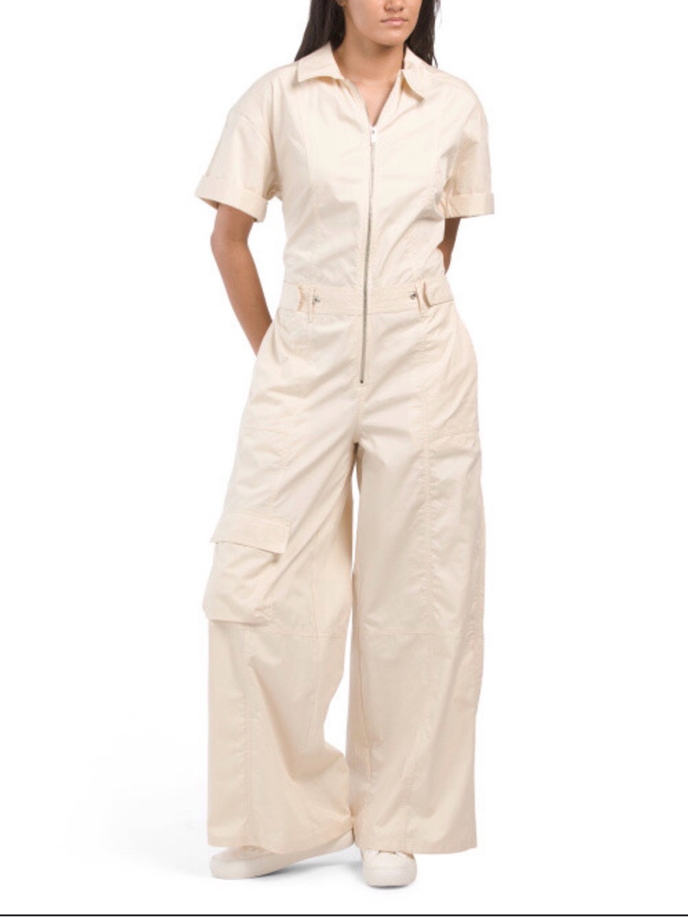 Zara Wide-Leg Short-Sleeve Utility Jumpsuit in Cream - Picture 2 of 3